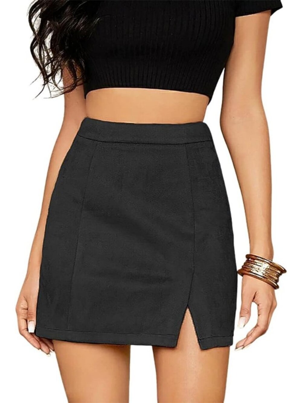 High Waist Faux Suede Bodycon Mini Skirt with Side Split for Women